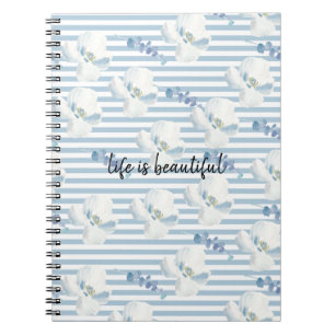 White Blue Floral Eucalyptus Stripes Notitieboek