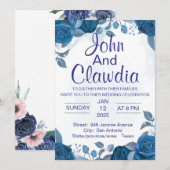 white blue floral geometric wedding invitation kaart (Voorkant / Achterkant)
