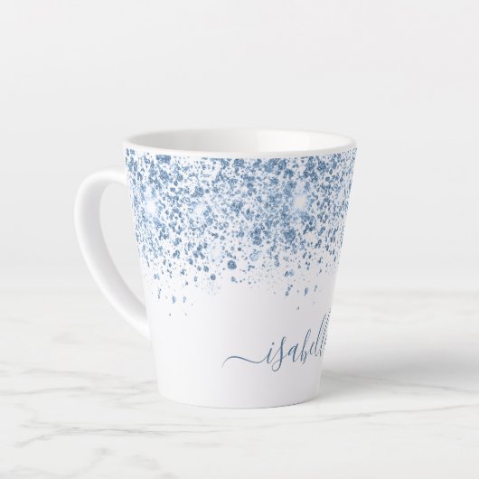 White blue glitter name script latte mok (Linkerhoek)