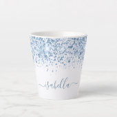 White blue glitter name script latte mok (Voorkant)