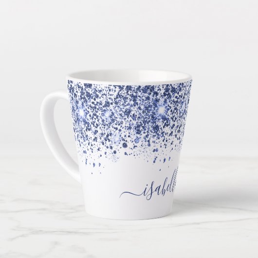 White blue glitter-stofnaamscript latte mok (Linkerhoek)