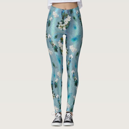 White & Blue-green Royal-Peacocks Fantasy Leggings (Voorkant)