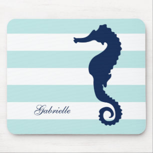 White Blue Mint Stripes Seahorse Muismat