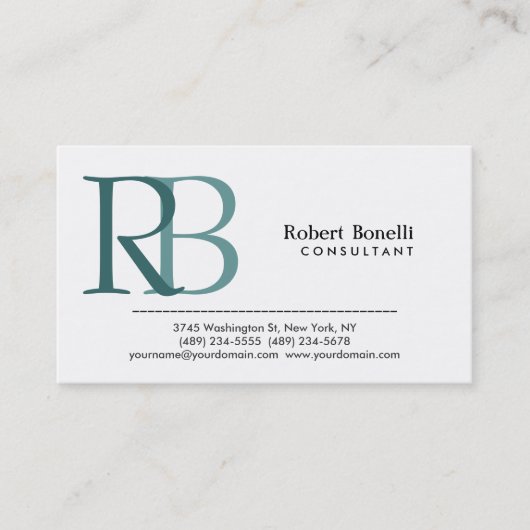 White Blue Modern Monogram Visitekaartje (Voorkant)