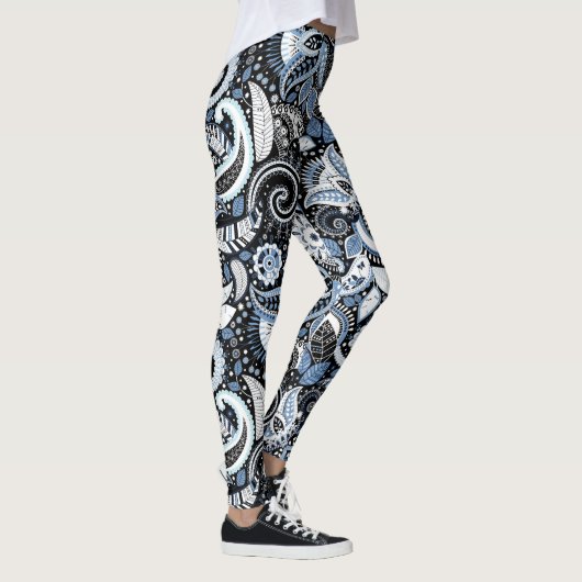 White & Blue Paisley Print Patroon Leggings (Rechts)