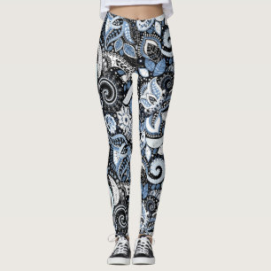 White & Blue Paisley Print Patroon Leggings