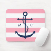 White Blue Pink Monogram Stripes Anchor Muismat (Met muis)