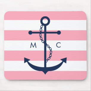 White Blue Pink Monogram Stripes Anchor Muismat
