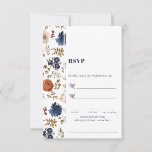 White Blue Rust French Country Floral Wedding RSVP Kaartje