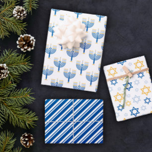 White Blue & Yellow Mixed Hanukkah Patronen Inpakpapier Vel