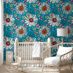 White Blue Yellow Oranje Red Daisy Flowers Pattern Behang