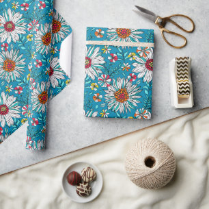 White Blue Yellow Oranje Red Daisy Flowers Pattern Cadeaupapier