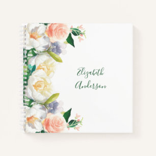 White blush florals name script notitieboek