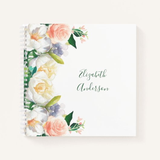 White blush florals name script notitieboek (Voorkant)