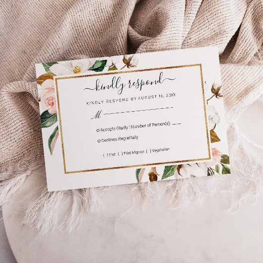 White & Blush Magnolia Floral Wedding RSVP