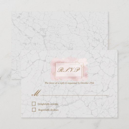 White & Blush Marble Gold Lijst Weddenschap RSVP-k RSVP Kaartje (Voorkant / Achterkant)