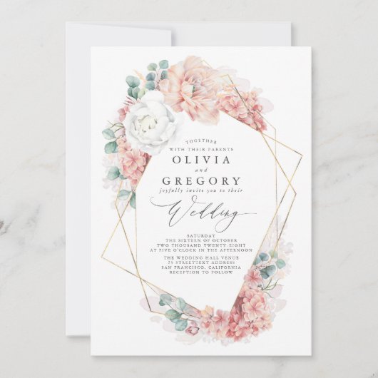 White Blush Peach and Dusty Roos Floral Wedding Kaart (Voorkant)