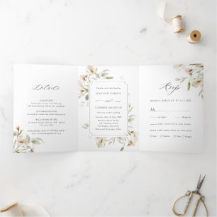 White Blush Sage Elegant Floral Wedding Drieluik Uitnodiging
