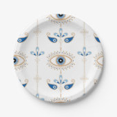 White bohemian retro evil eye pattern papieren bordje (Voorkant)