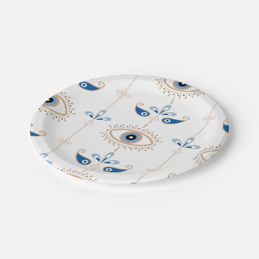 White bohemian retro evil eye pattern papieren bordje (Gekanteld)
