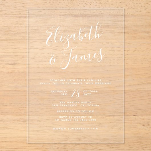 White Bohemian Script Calligraphy Wedding Acryl Uitnodigingen (Voorkant)