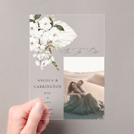 White Boho Floral Save the Date Photo Acryl Uitnodigingen (Insitu (Draagbaar))