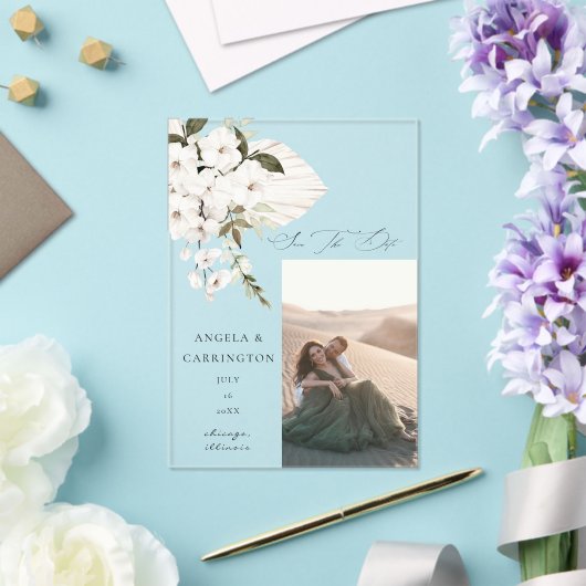 White Boho Floral Save the Date Photo Acryl Uitnodigingen (Insitu (Huwelijk))