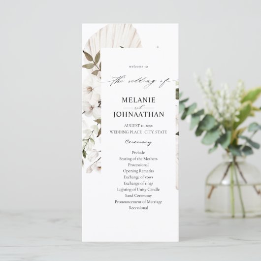 White Boho Floral Wedding Ceremony Programme Programma (Staand voorkant)