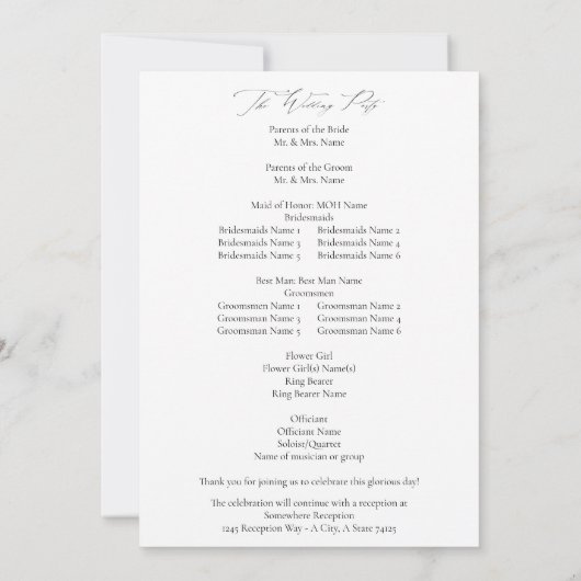 White Boho Floral Wedding Programme Kaart (Achterkant)