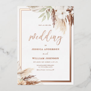 White Boho Floral Wedding Real Roos Gold Folie Uitnodiging