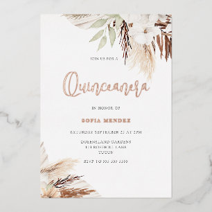 White Boho Flowers Sage Quinceanera Roos Gold Folie Uitnodiging