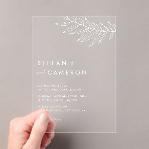 White Boho Minimalist Foliage Wedding Acryl Uitnodigingen