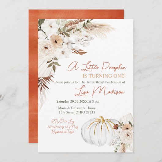 White Boho Pumpkin Birthday Uitnodiging (Voorkant / Achterkant)