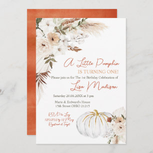 White Boho Pumpkin Birthday Uitnodiging