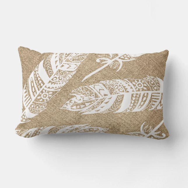 White Boho Tribal Feathers FAUX Burlap Kussen (Voorkant)