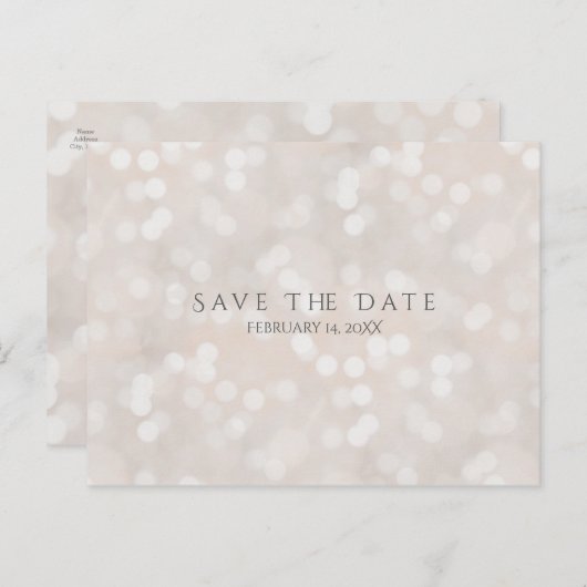 White Bokeh Modern Glamor Chic Save the Date Aankondigingskaart (Voorkant / Achterkant)