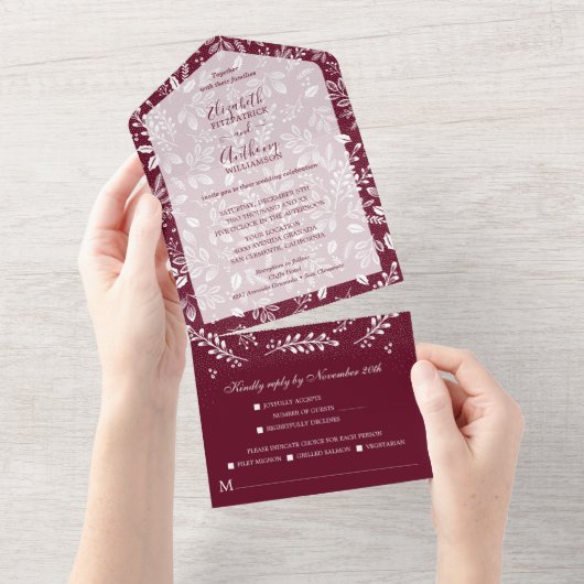 White Botanicals Burgundy No Envelopes Wedding All In One Uitnodiging (Afscheurbaar)