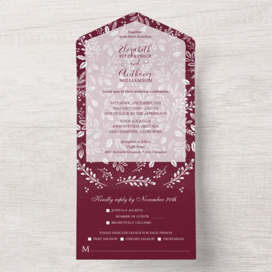 White Botanicals Burgundy No Envelopes Wedding All In One Uitnodiging (Binnen)