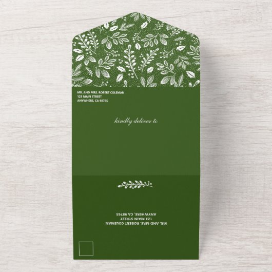 White Botanicals Green No Envelopes Wedding All In One Uitnodiging (Buitenkant)