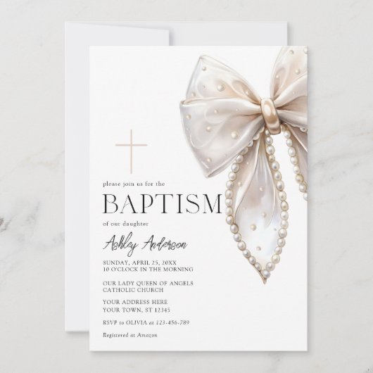 White Bow doopsel meisje uitnodiging (Voorkant)