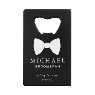 White Bow Stropdas Groomsman Gepersonaliseerde bru Kredietkaart Flessenopener
