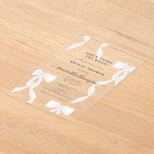 White Bow Ze bindt de knoop Vrijgezellenfeest Part Acryl Uitnodigingen (Laagn)