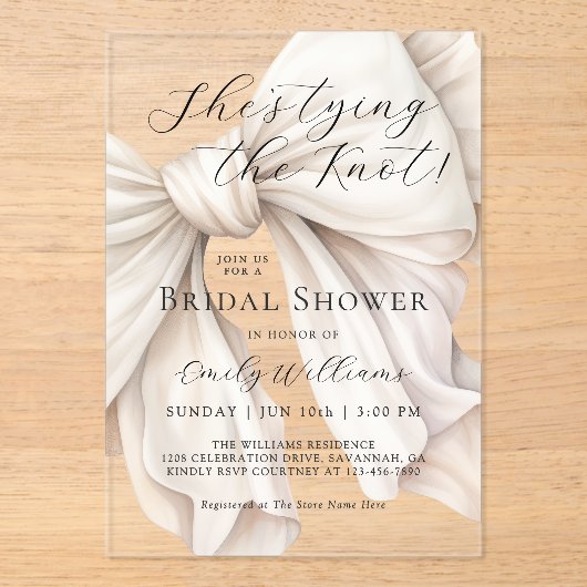 White Bow Ze bindt het knoop Vrijgezellenfeest Acryl Uitnodigingen (Voorkant)