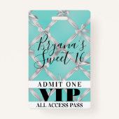 White Bows Turquoise Sweet 16 Party VIP Pass Badge (Devant)