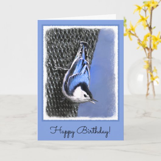 White-Breasted Nuthatch schilderende Originele Bir Kaart (Gele Bloem)