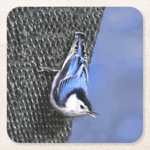 White-Breasted Nuthatch schilderende Originele Bir Vierkante Kartonnen Onderzetter