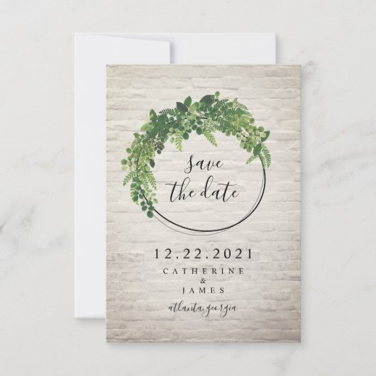 White Brick geïnspireerd botanisch sparen de datum Save The Date (Voorkant)