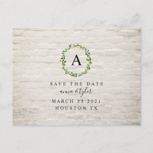 White Brick Monogram Wreath Wedding Save the Date Aankondigingskaart