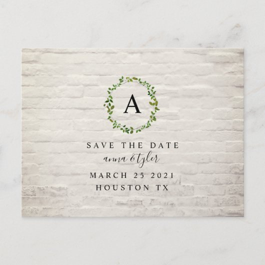 White Brick Monogram Wreath Wedding Save the Date Aankondigingskaart (Voorkant)
