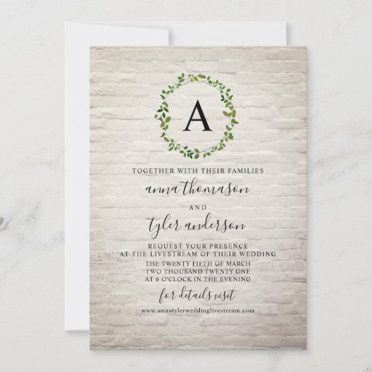 White Brick Wreath Monogram Virtuele bruiloft Kaart (Voorkant)